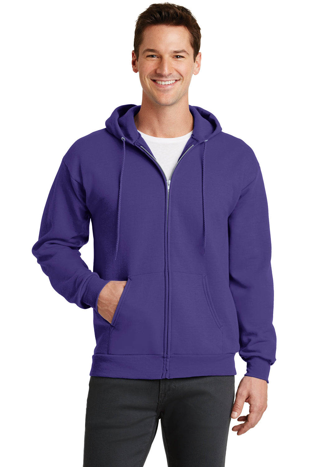 Port & Company PC78ZH Mens Core Fleece Full Zip Hooded Sweatshirt Hoodie Purple Front