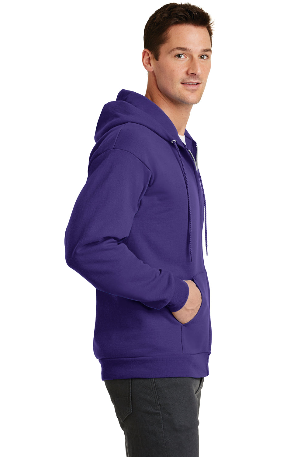 Port & Company PC78ZH Mens Core Fleece Full Zip Hooded Sweatshirt Hoodie Purple Side