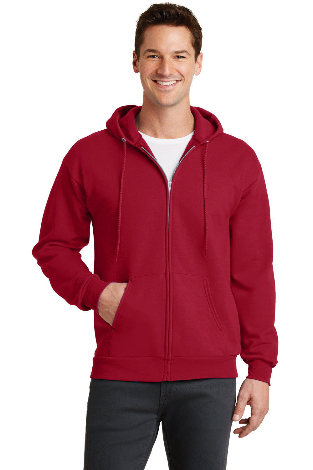 Port & Company PC78ZH Mens Core Fleece Full Zip Hooded Sweatshirt Hoodie Red Front