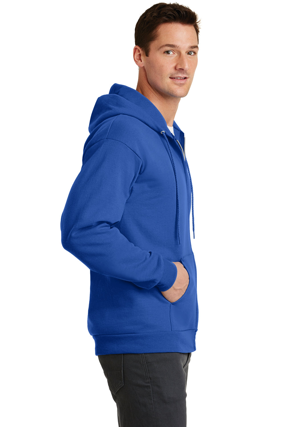 Port & Company PC78ZH Mens Core Fleece Full Zip Hooded Sweatshirt Hoodie Royal Blue Side