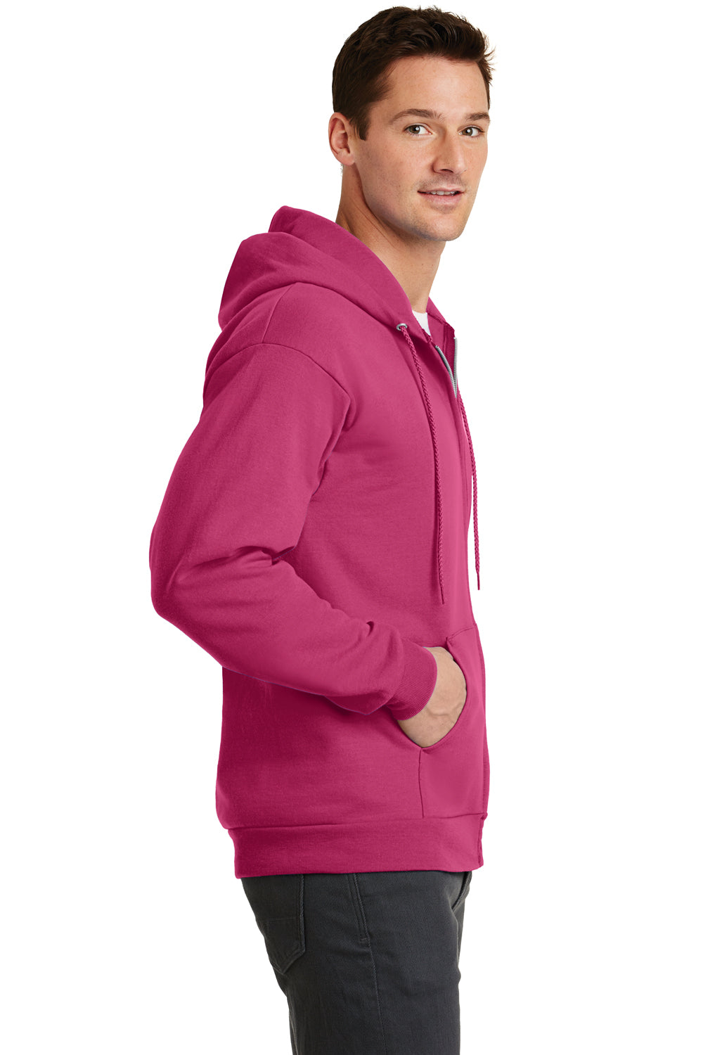 Port & Company PC78ZH Mens Core Fleece Full Zip Hooded Sweatshirt Hoodie Sangria Pink Side
