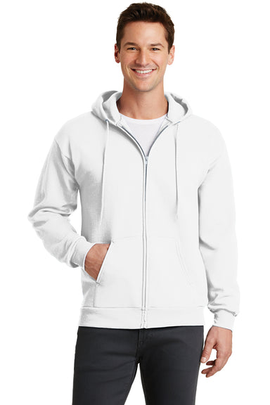 Port & Company PC78ZH Mens Core Fleece Full Zip Hooded Sweatshirt Hoodie White Front