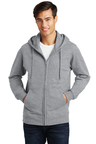 Port & Company PC850ZH Mens Fan Favorite Fleece Full Zip Hooded Sweatshirt Hoodie Heather Grey Front