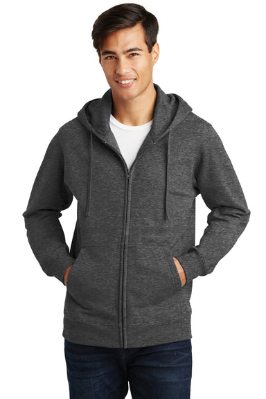 Port & Company PC850ZH Mens Fan Favorite Fleece Full Zip Hooded Sweatshirt Hoodie Heather Dark Grey Front