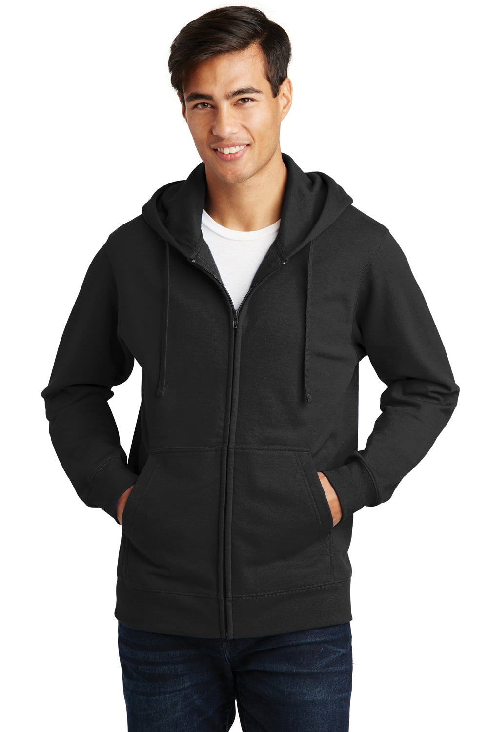Port & Company PC850ZH Mens Fan Favorite Fleece Full Zip Hooded Sweatshirt Hoodie Black Front
