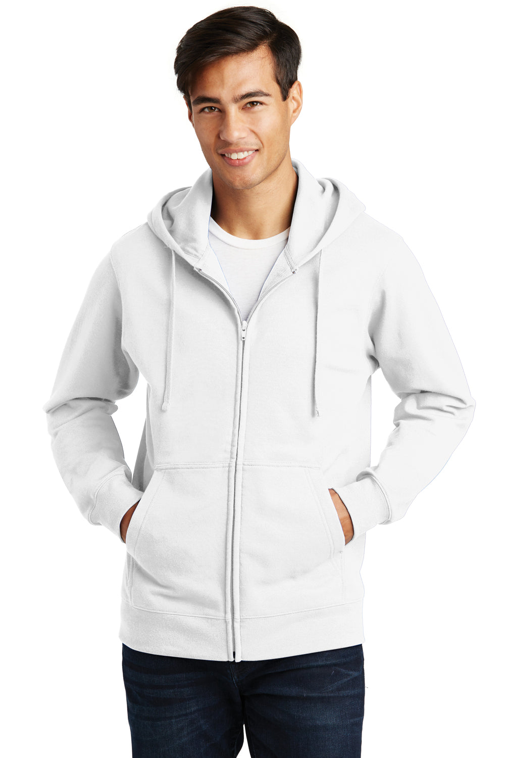 Port & Company PC850ZH Mens Fan Favorite Fleece Full Zip Hooded Sweatshirt Hoodie White Front