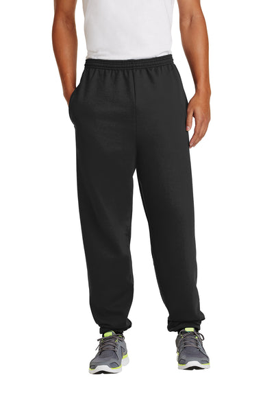 Port & Company PC90P Mens Essential Fleece Sweatpants w/ Pockets Black Front