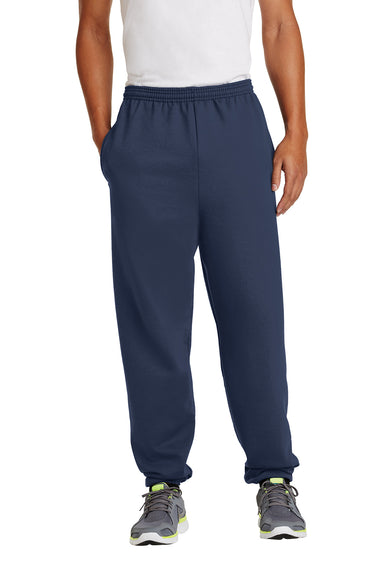Port & Company PC90P Mens Essential Fleece Sweatpants w/ Pockets Navy Blue Front