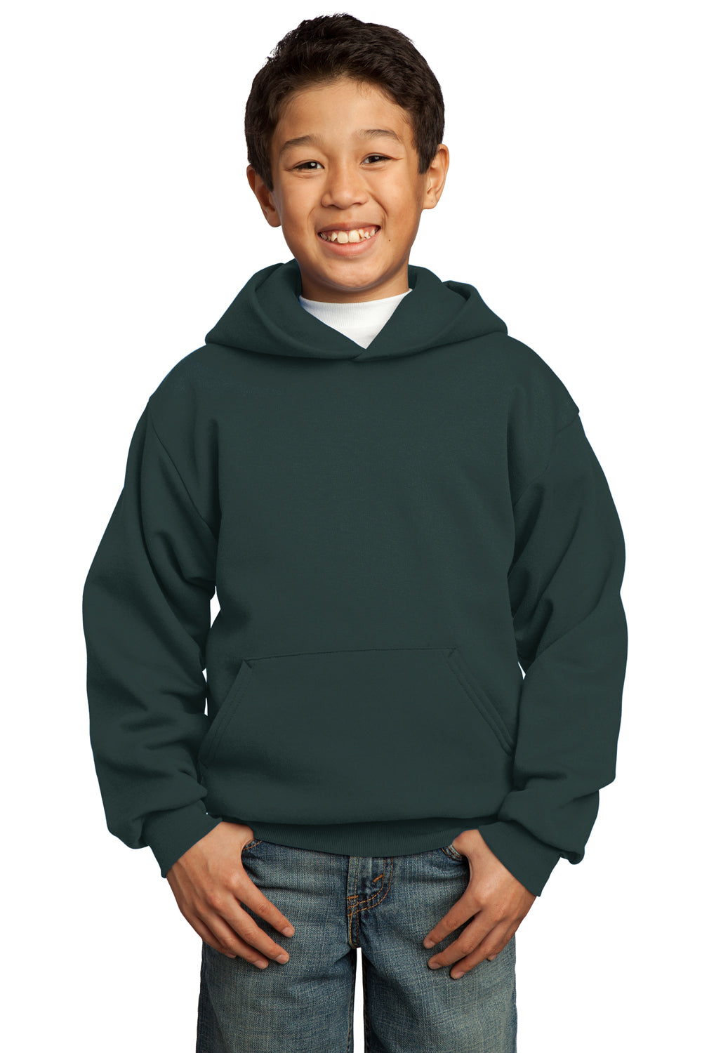 Port & Company PC90YH Youth Core Fleece Hooded Sweatshirt Hoodie Dark Green Front