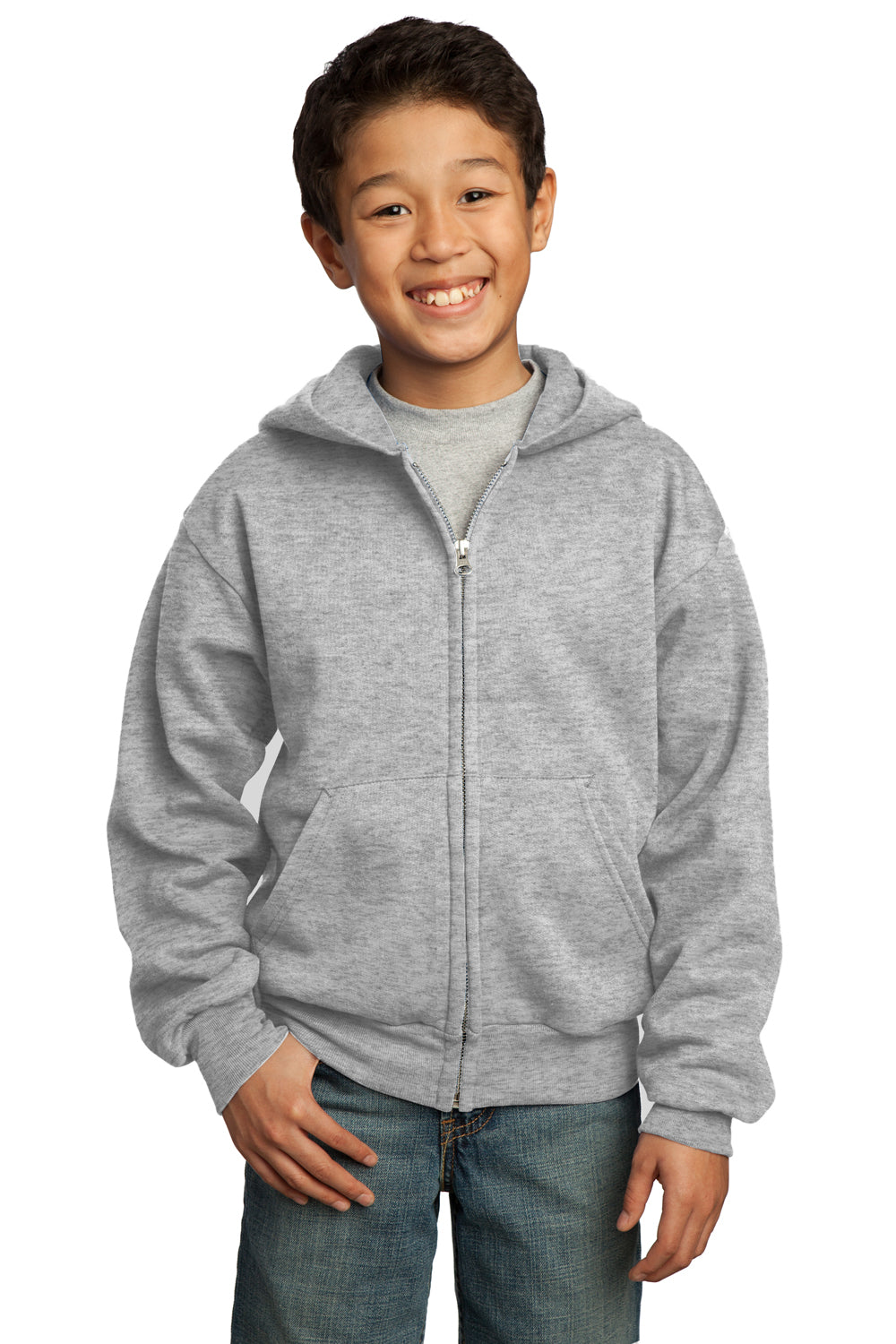 Port & Company PC90YZH Youth Core Fleece Full Zip Hooded Sweatshirt Hoodie Ash Grey Front