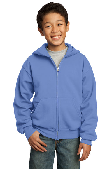 Port & Company PC90YZH Youth Core Fleece Full Zip Hooded Sweatshirt Hoodie Carolina Blue Front