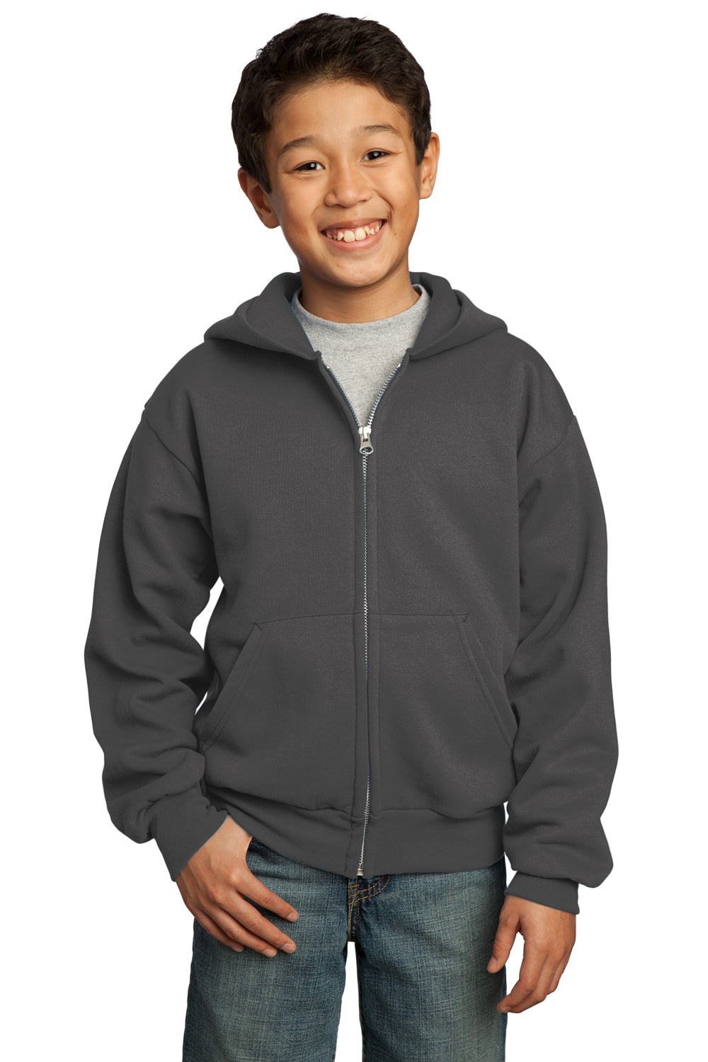 Port & Company PC90YZH Youth Core Fleece Full Zip Hooded Sweatshirt Hoodie Charcoal Grey Front