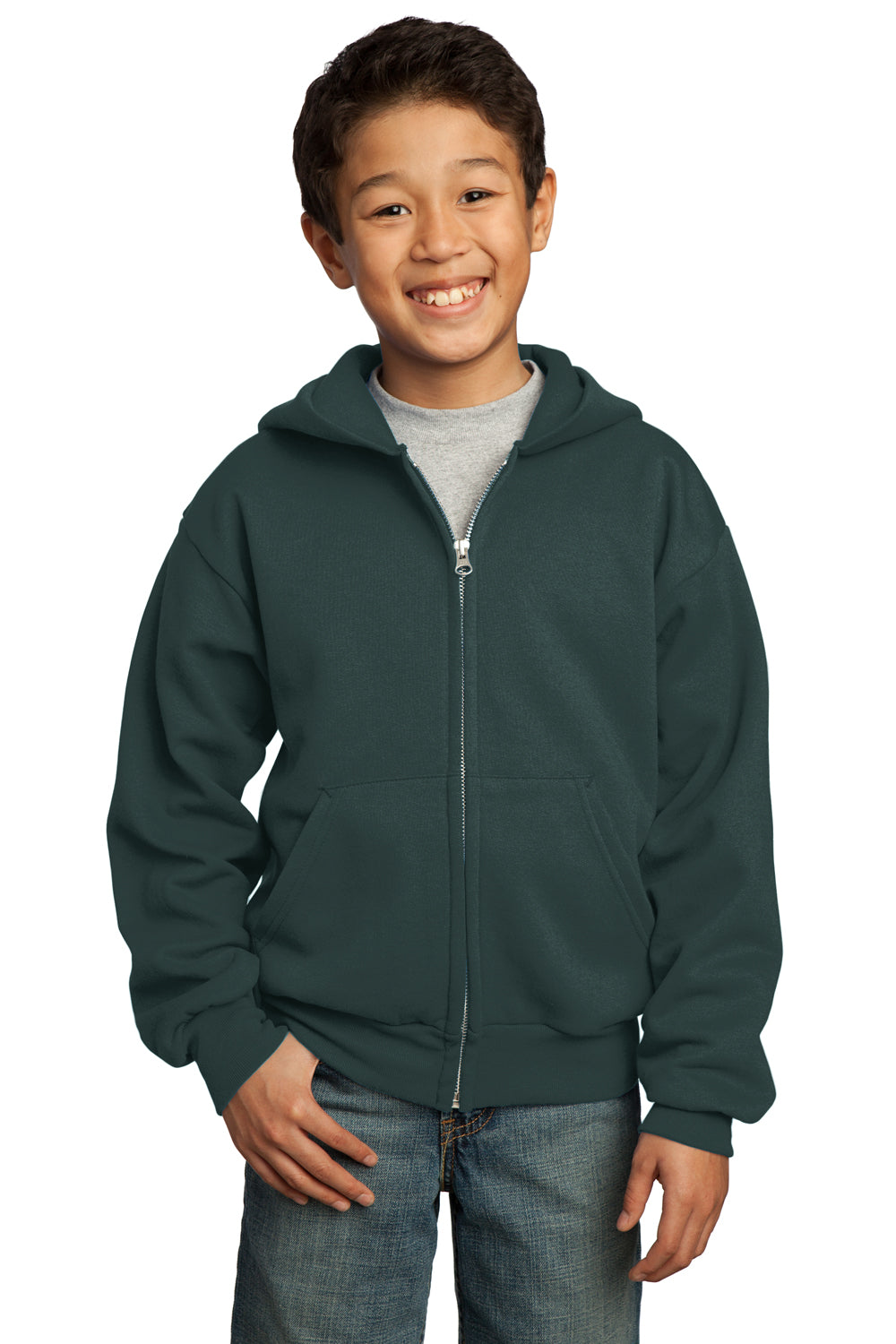 Port & Company PC90YZH Youth Core Fleece Full Zip Hooded Sweatshirt Hoodie Dark Green Front