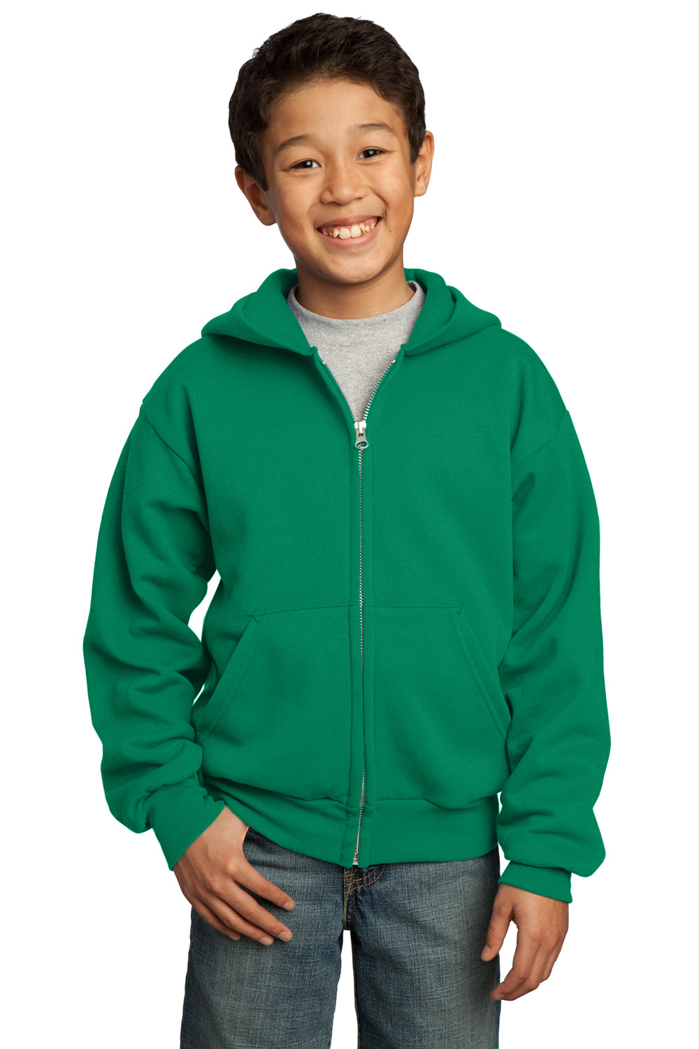 Port & Company PC90YZH Youth Core Fleece Full Zip Hooded Sweatshirt Hoodie Kelly Green Front