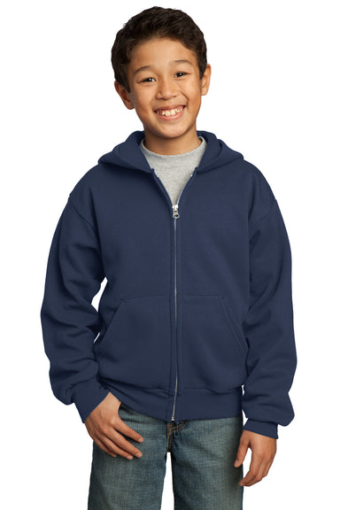 Port & Company PC90YZH Youth Core Fleece Full Zip Hooded Sweatshirt Hoodie Navy Blue Front