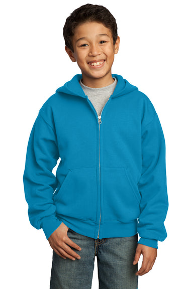 Port & Company PC90YZH Youth Core Fleece Full Zip Hooded Sweatshirt Hoodie Neon Blue Front