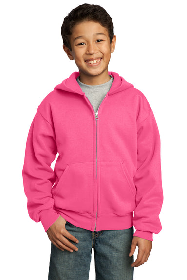 Port & Company PC90YZH Youth Core Fleece Full Zip Hooded Sweatshirt Hoodie Neon Pink Front