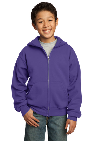 Port & Company PC90YZH Youth Core Fleece Full Zip Hooded Sweatshirt Hoodie Purple Front