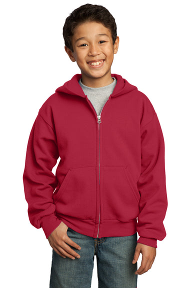 Port & Company PC90YZH Youth Core Fleece Full Zip Hooded Sweatshirt Hoodie Red Front
