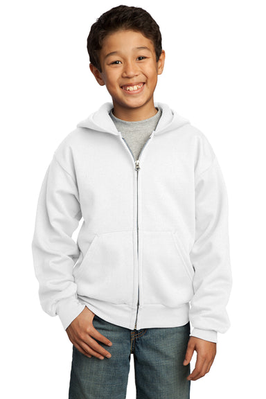 Port & Company PC90YZH Youth Core Fleece Full Zip Hooded Sweatshirt Hoodie White Front