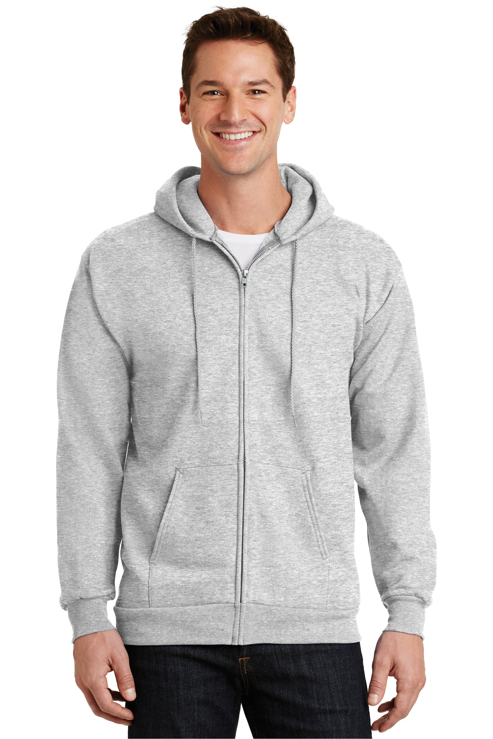 Port & Company PC90ZH Mens Essential Fleece Full Zip Hooded Sweatshirt Hoodie Ash Grey Front