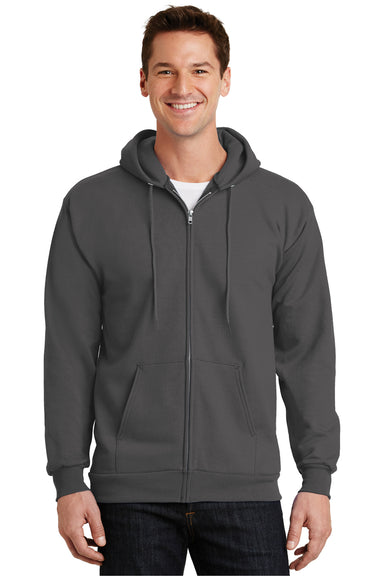 Port & Company PC90ZH Mens Essential Fleece Full Zip Hooded Sweatshirt Hoodie Charcoal Grey Front