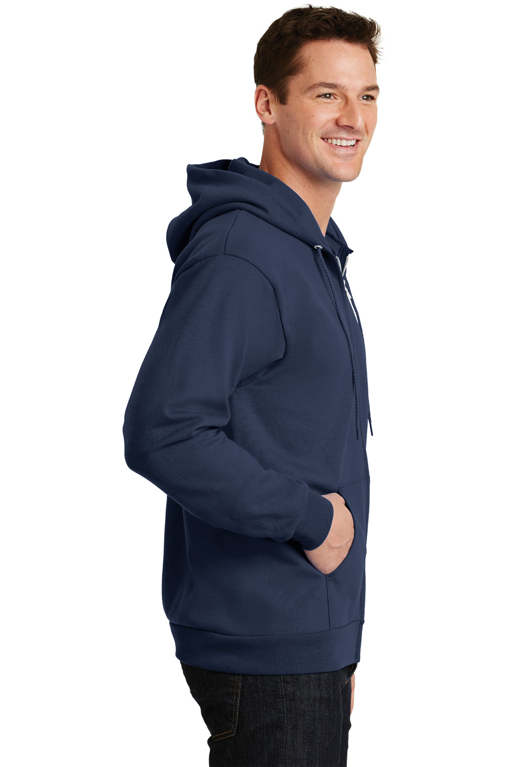 Port & Company PC90ZH Mens Essential Fleece Full Zip Hooded Sweatshirt Hoodie Navy Blue Side