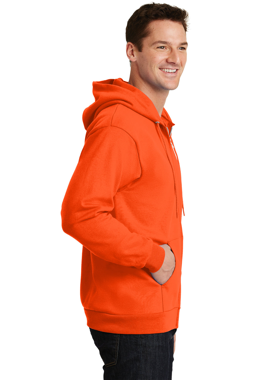 Port & Company PC90ZH Mens Essential Fleece Full Zip Hooded Sweatshirt Hoodie Safety Orange Side
