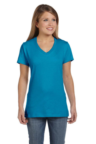 Hanes S04V Womens Nano-T Short Sleeve V-Neck T-Shirt Teal Blue Front