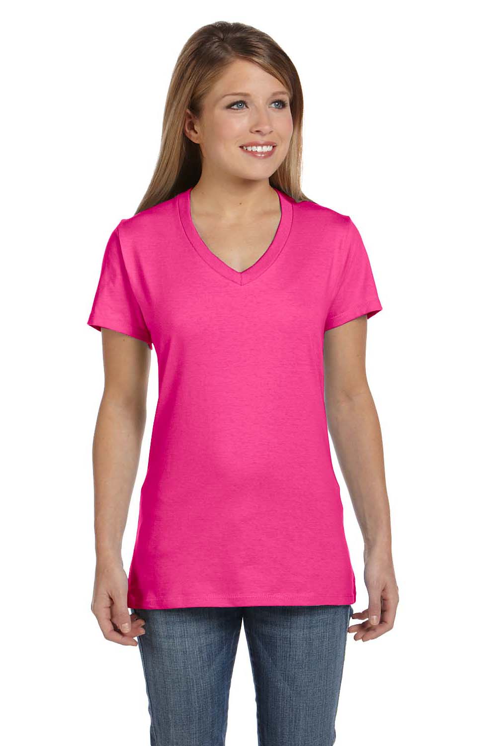 Hanes S04V Womens Nano-T Short Sleeve V-Neck T-Shirt Wow Pink Front