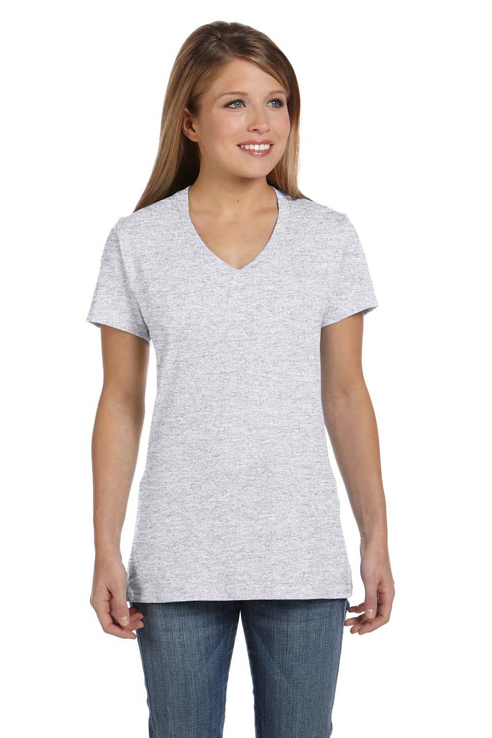 Hanes S04V Womens Nano-T Short Sleeve V-Neck T-Shirt Ash Grey Front