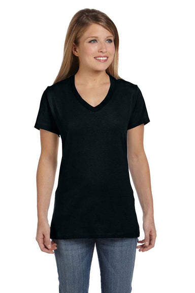 Hanes S04V Womens Nano-T Short Sleeve V-Neck T-Shirt Black Front