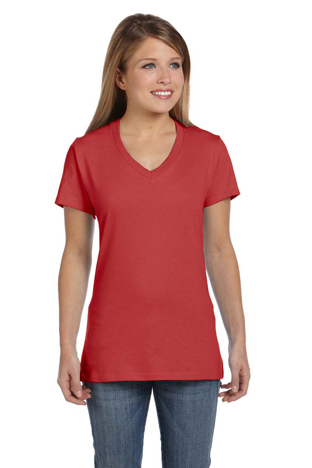 Hanes S04V Womens Nano-T Short Sleeve V-Neck T-Shirt Vintage Red Front