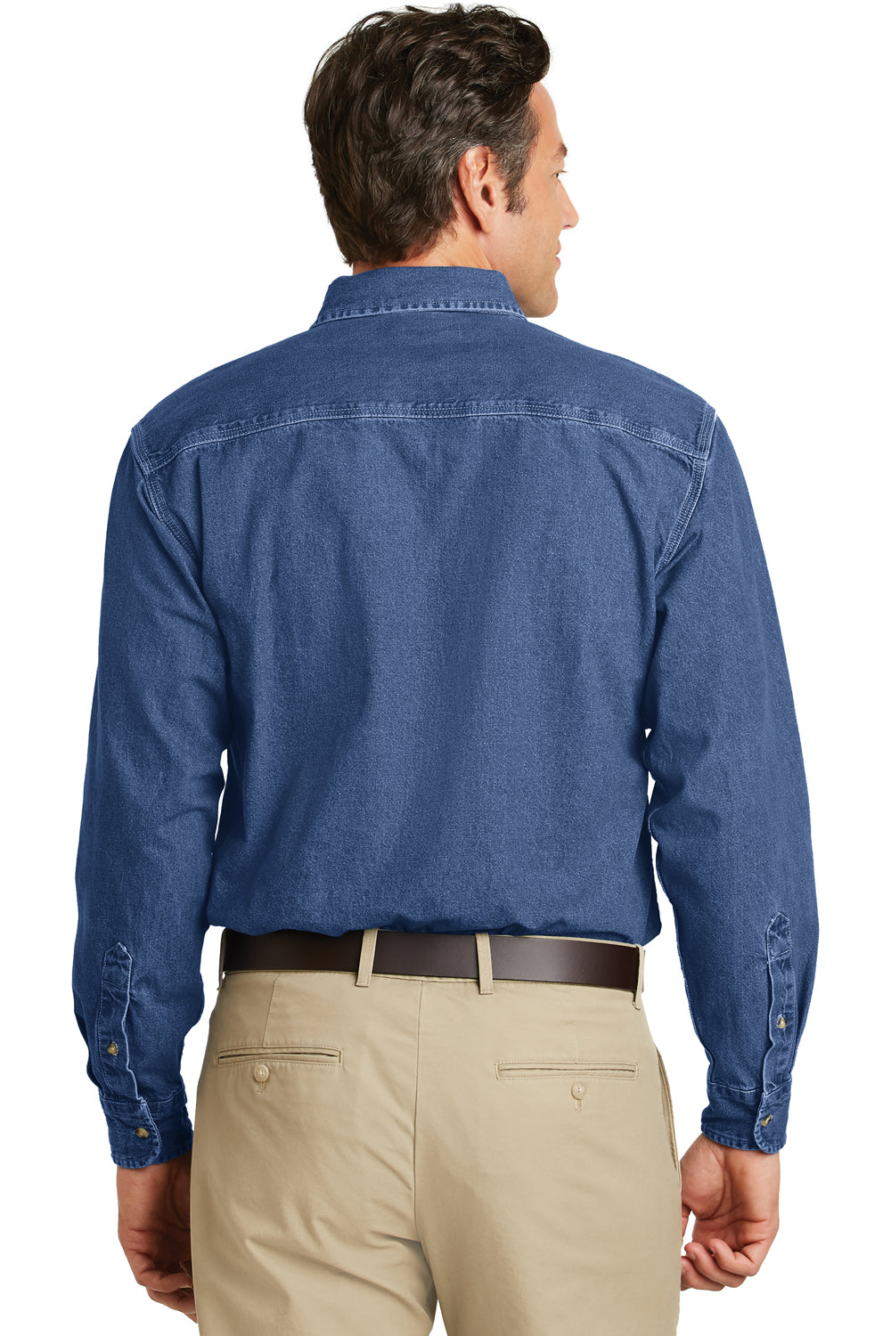 Port Authority S100 Mens Denim Long Sleeve Button Down Shirt w/ Pocket Blue Back