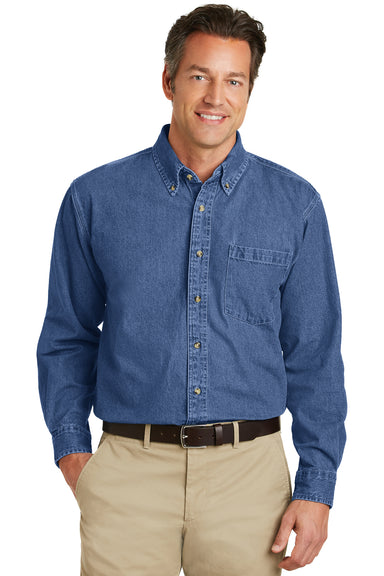 Port Authority S100 Mens Denim Long Sleeve Button Down Shirt w/ Pocket Blue Front