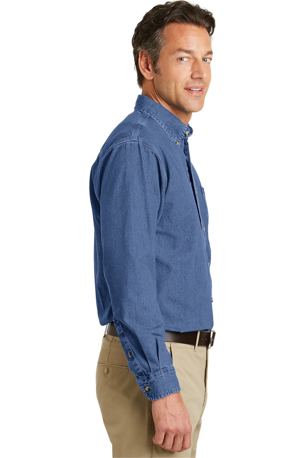 Port Authority S100 Mens Denim Long Sleeve Button Down Shirt w/ Pocket Blue Side