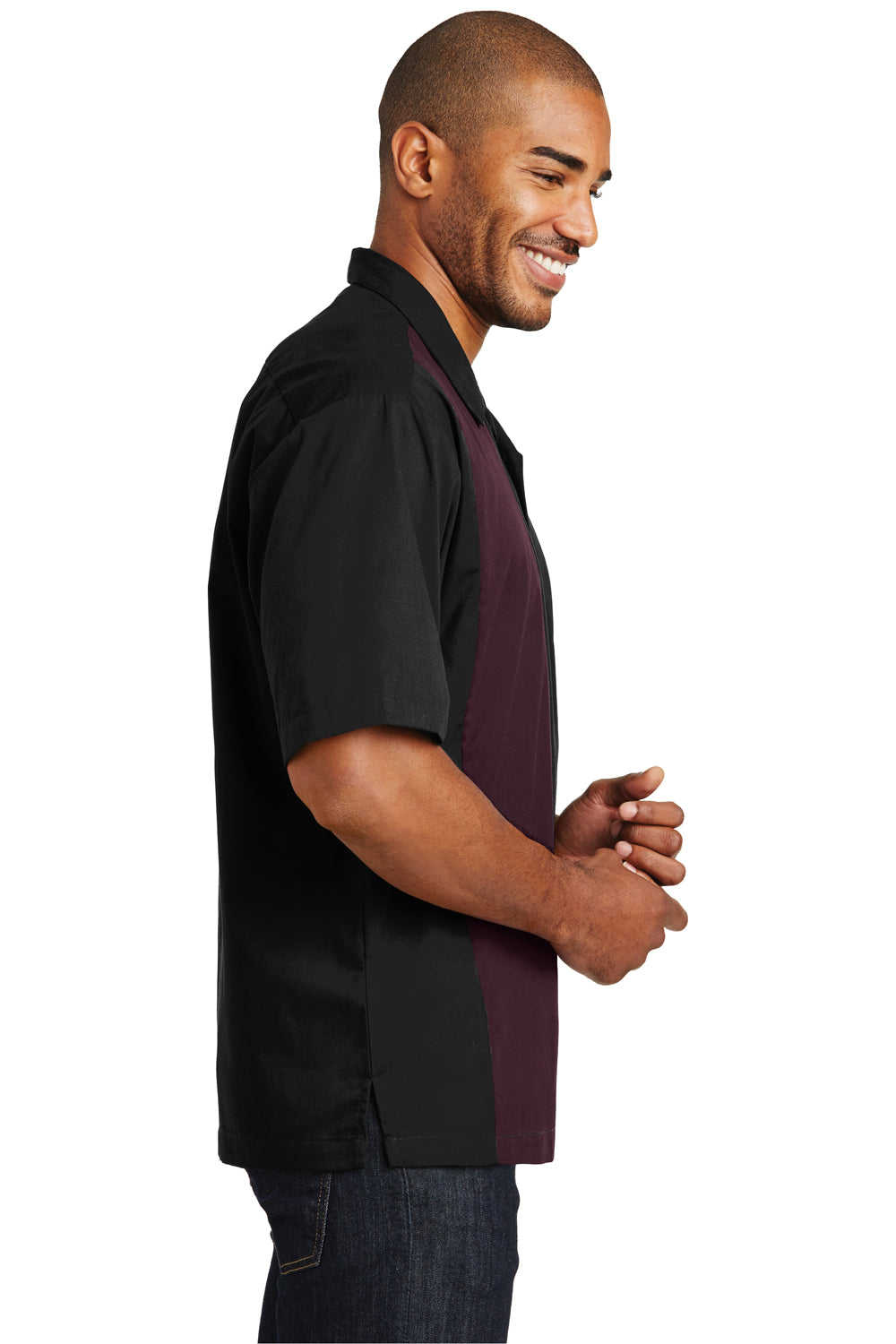 Port Authority S300 Mens Retro Easy Care Wrinkle Resistant Short Sleeve Button Down Camp Shirt Black/Burgundy Side