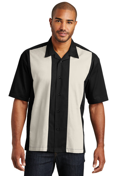 Port Authority S300 Mens Retro Easy Care Wrinkle Resistant Short Sleeve Button Down Camp Shirt Black/Light Stone Brown Front