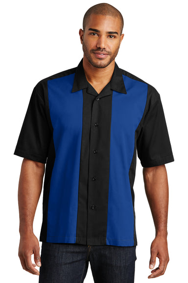 Port Authority S300 Mens Retro Easy Care Wrinkle Resistant Short Sleeve Button Down Camp Shirt Black/Royal Blue Front