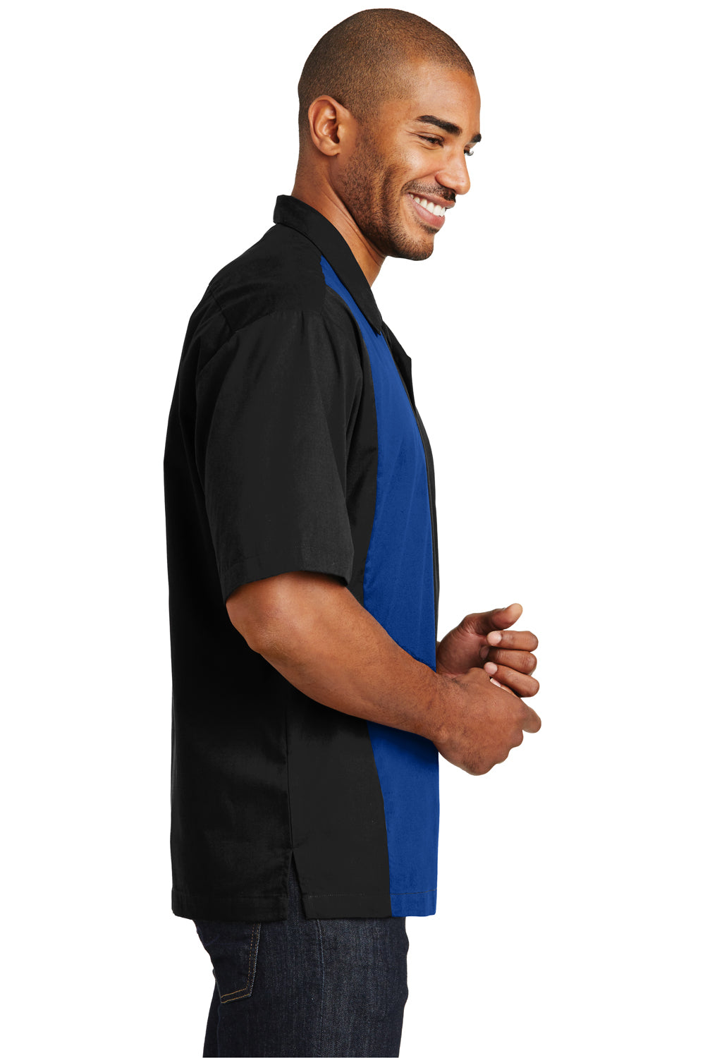 Port Authority S300 Mens Retro Easy Care Wrinkle Resistant Short Sleeve Button Down Camp Shirt Black/Royal Blue Side