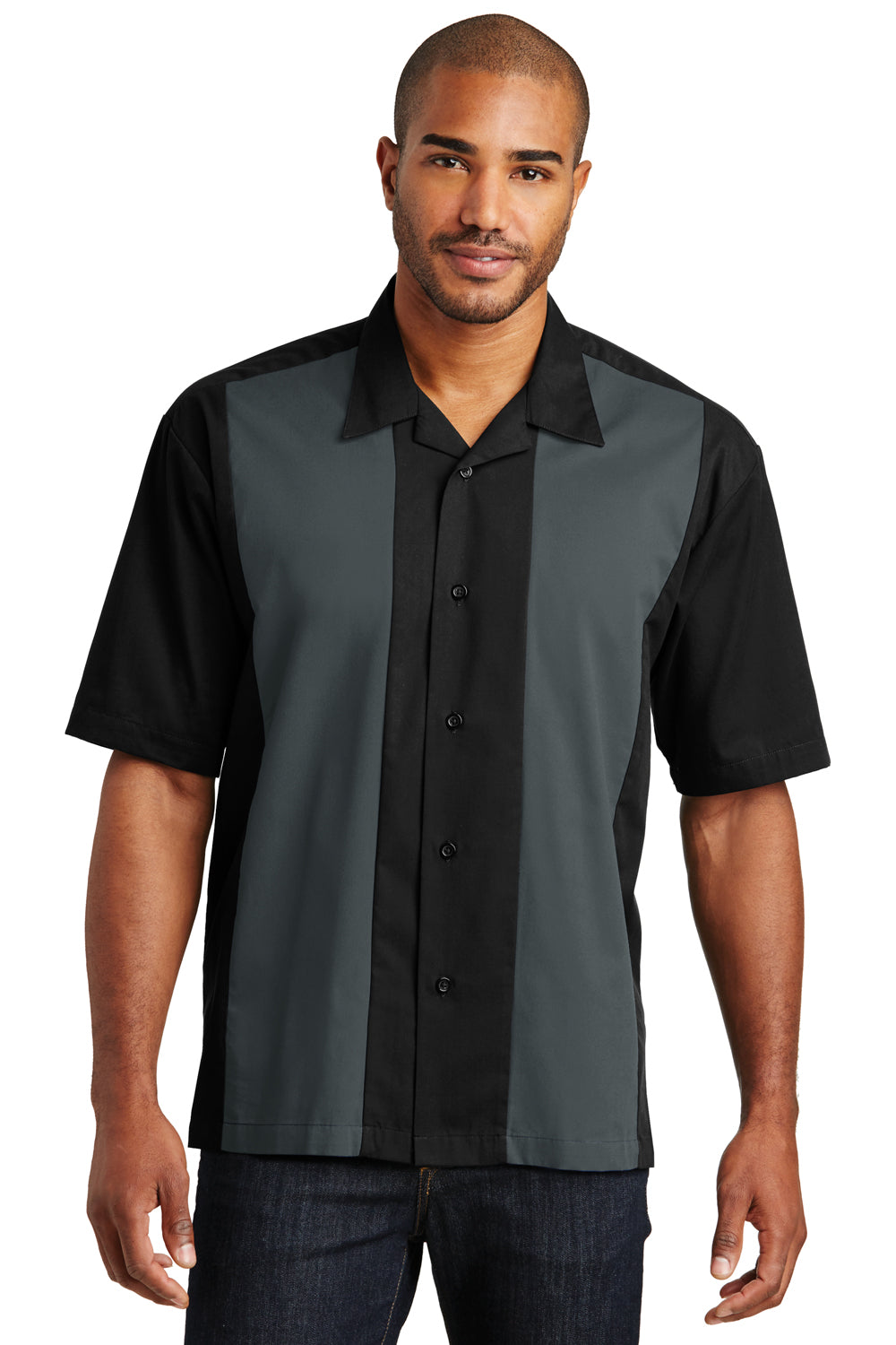 Port Authority S300 Mens Retro Easy Care Wrinkle Resistant Short Sleeve Button Down Camp Shirt Black/Steel Grey Front