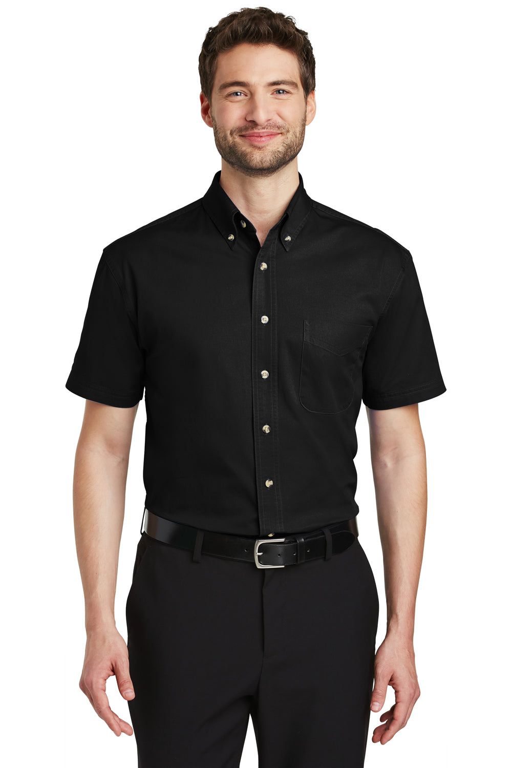 Port Authority S500T Mens Short Sleeve Button Down Shirt w/ Pocket Black Front