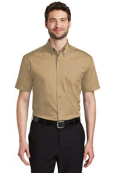 Port Authority S500T Mens Short Sleeve Button Down Shirt w/ Pocket Khaki Brown Front