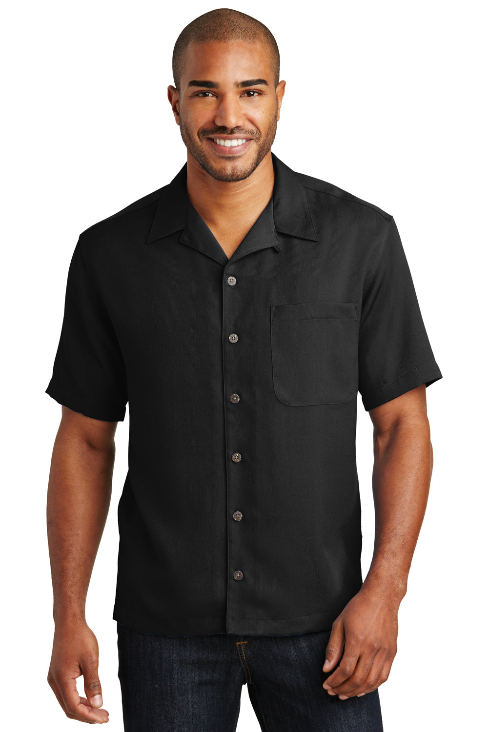 Port Authority S535 Mens Easy Care Stain Resistant Short Sleeve Button Down Camp Shirt w/ Pocket Black Front
