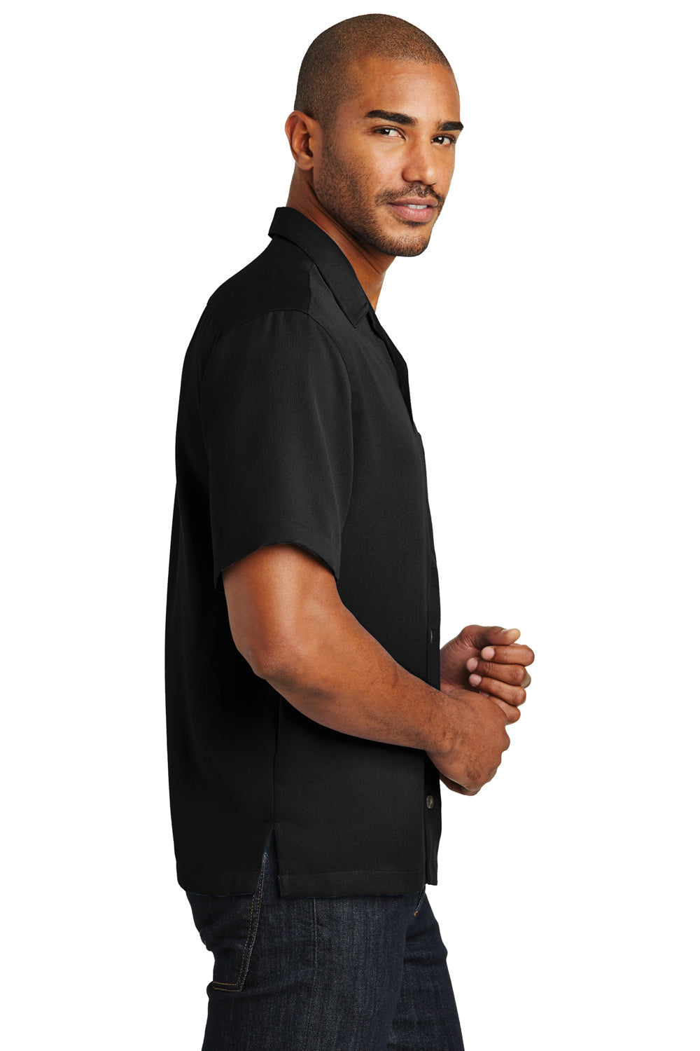 Port Authority S535 Mens Easy Care Stain Resistant Short Sleeve Button Down Camp Shirt w/ Pocket Black Side