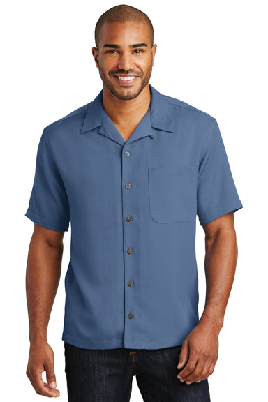 Port Authority S535 Mens Easy Care Stain Resistant Short Sleeve Button Down Camp Shirt w/ Pocket Blue Front