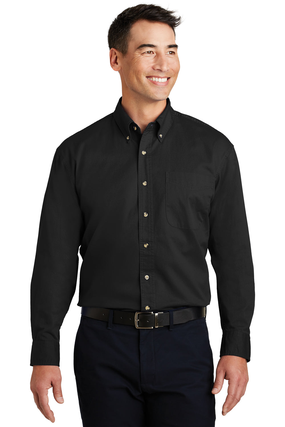 Port Authority S600T Mens Long Sleeve Button Down Shirt w/ Pocket Black Front