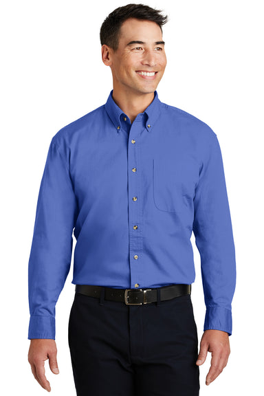 Port Authority S600T Mens Long Sleeve Button Down Shirt w/ Pocket Faded Blue Front