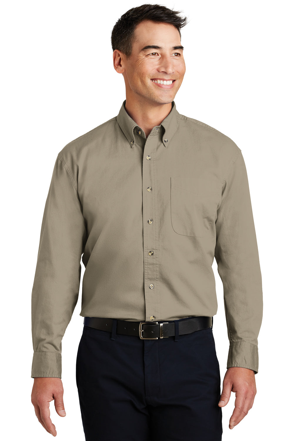 Port Authority S600T Mens Long Sleeve Button Down Shirt w/ Pocket Khaki Brown Front