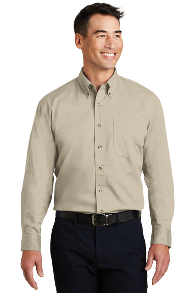 Port Authority S600T Mens Long Sleeve Button Down Shirt w/ Pocket Stone Brown Front